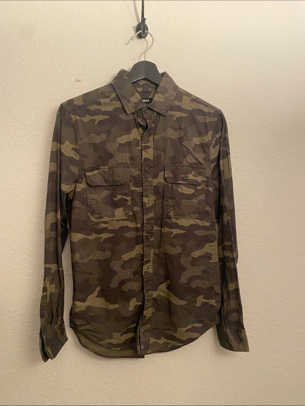 Express Men's Camouflage Button-Down Shirt - Olive Green & Brown